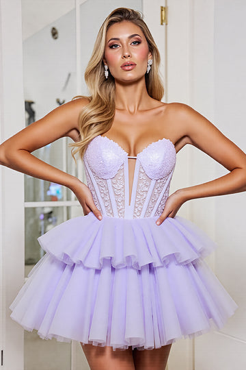 Strapless Corset Purple Appliqued Homecoming Dress